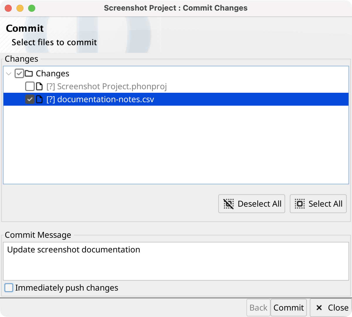 Commit Changes Wizard