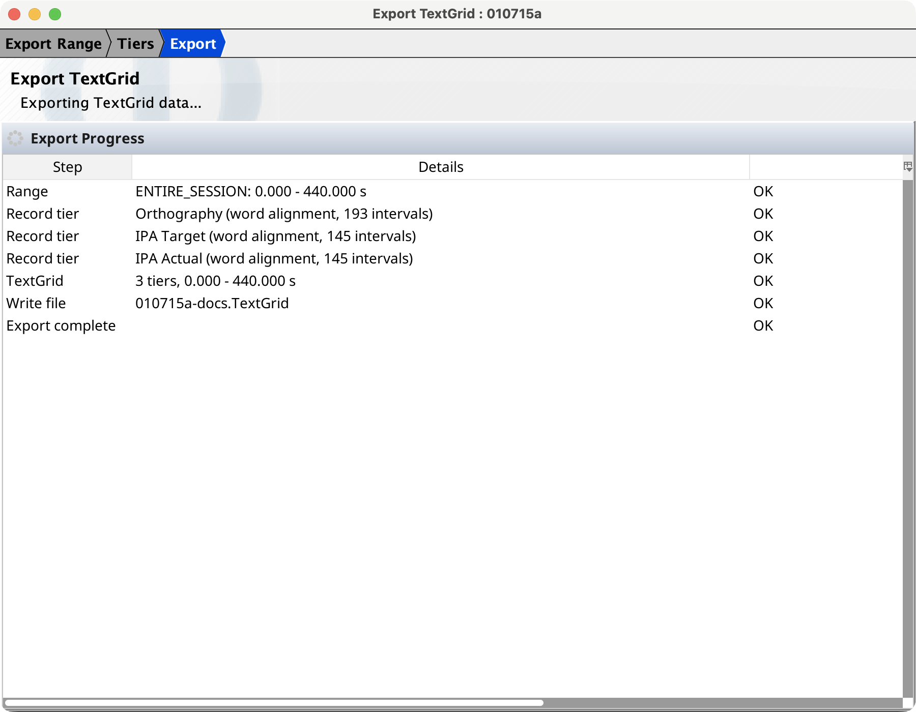 TextGrid Export — Progress