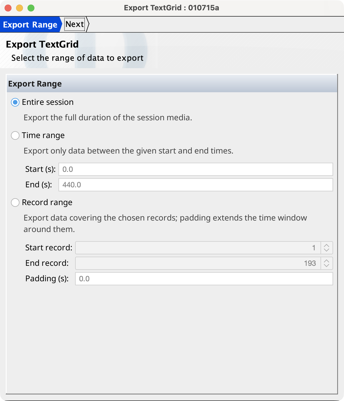 TextGrid Export — Export Range