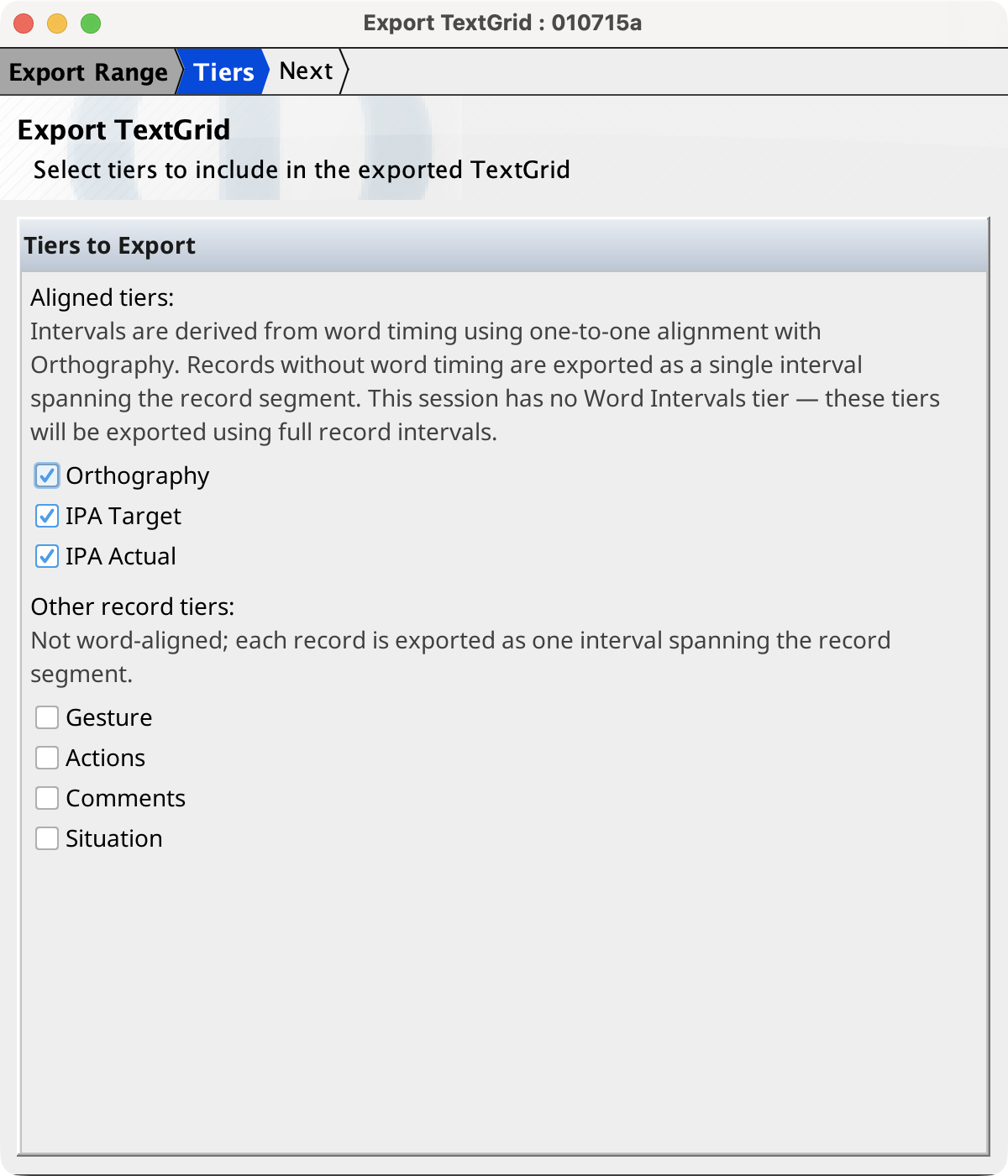 TextGrid Export — Tier Selection