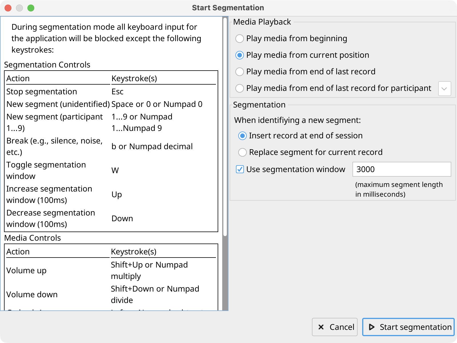 Start Segmentation Dialog